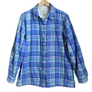 L.L. Bean Women L Plaid Fleece Lined Shirt Jacket Blue Cotton Preppy Grunge